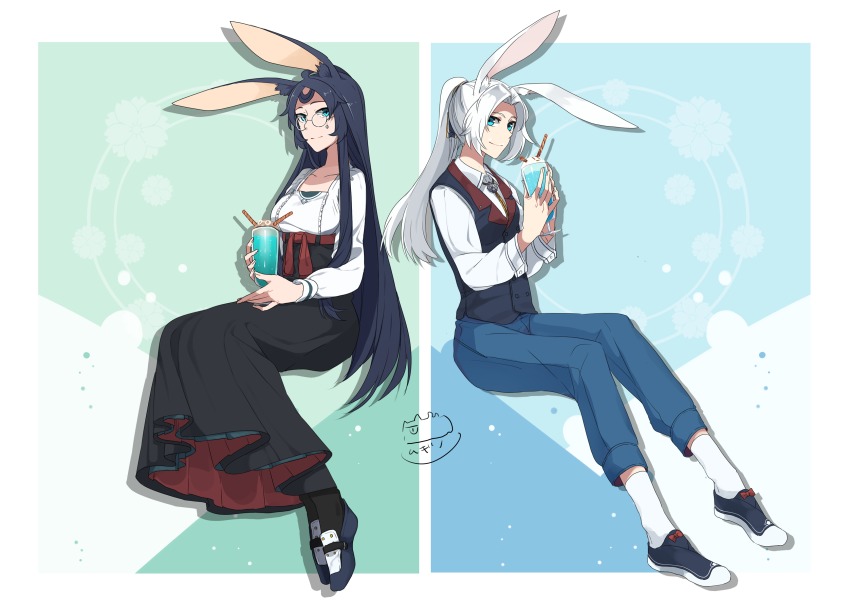 2girls absurdres animal_ears azur_lane black_dress black_legwear blue_eyes blue_footwear blue_hair blue_vest bolo_tie rabbit_ears collarbone contemporary dress food glasses highres hiryuu_(azur_lane) ice_cream ice_cream_float long_hair long_sleeves looking_at_viewer mugino_kouji multiple_girls ponytail shirt signature sitting smile souryuu_(azur_lane) vest white_hair white_legwear white_shirt