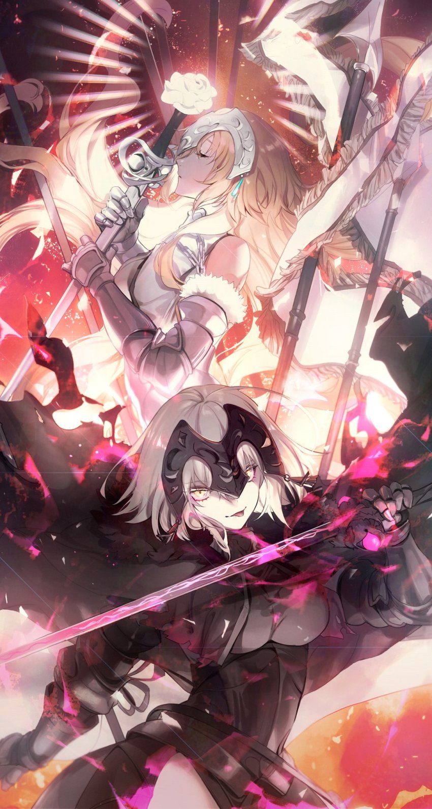 2girls armor armored_dress bare_shoulders black_dress blonde_hair breasts chain dress dual_wielding closed_eyes fate/apocrypha fate/grand_order fate_(series) flag from_side highres holding holding_flag holding_sword holding_weapon jeanne_d&#039;arc_(fate) jeanne_d&#039;arc_(ruler)_(fate) jeanne_d&#039;arc_(third_ascension)_(fate) jeanne_d&#039;arc_alter_(avenger)_(fate) jeanne_d&#039;arc_alter_(fate) looking_at_viewer multiple_girls no-kan open_mouth plackart silver_hair smirk sword weapon white_dress yellow_eyes