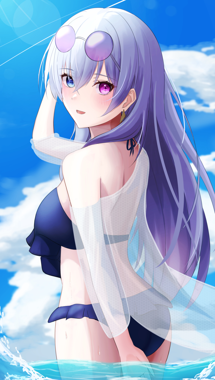 1girl absurdres arm_behind_head bikini black_bikini blue_eyes breasts cloud earrings eyewear_on_head gradient_hair grey_hair hair_between_eyes heterochromia highres jewelry kukro looking_at_viewer multicolored_hair neo-porte purple_eyes purple_hair round_eyewear see-through_clothes sky solo sunglasses swimsuit symbol-shaped_pupils tentei_forte virtual_youtuber wading water wet