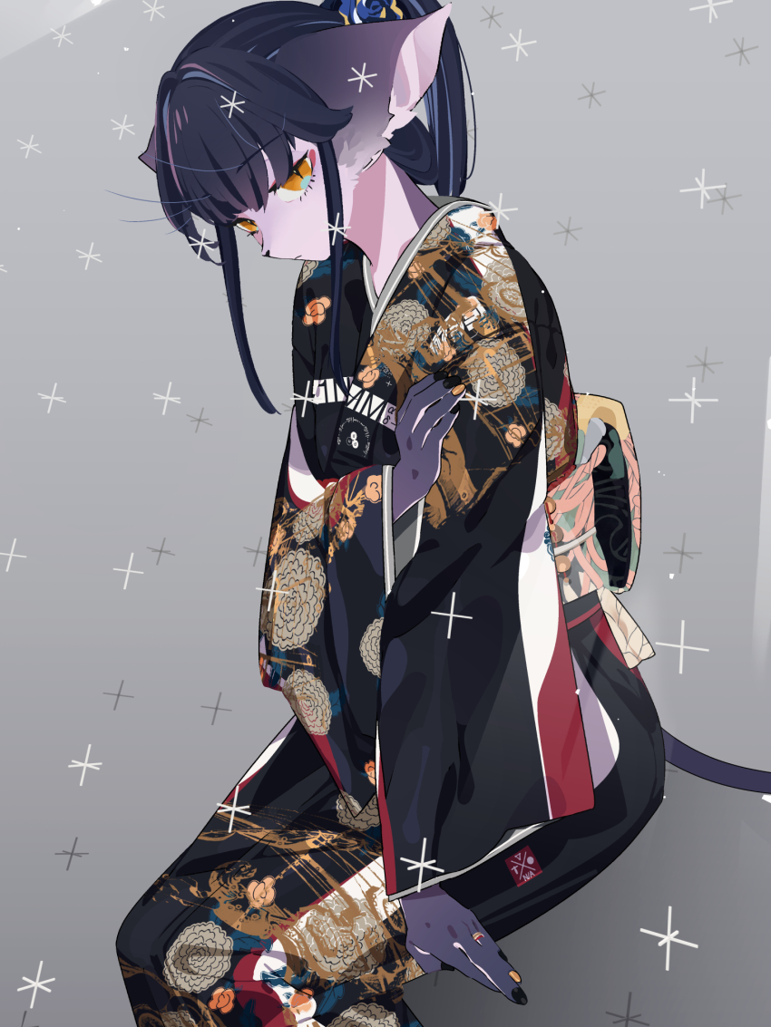 animal_ear_fluff animal_nose blue_fur body_fur furry furry_female highres idkuroi japanese_clothes jewelry kimono large_ears looking_at_viewer nail_polish original ponytail print_kimono ring sitting tail yellow_eyes