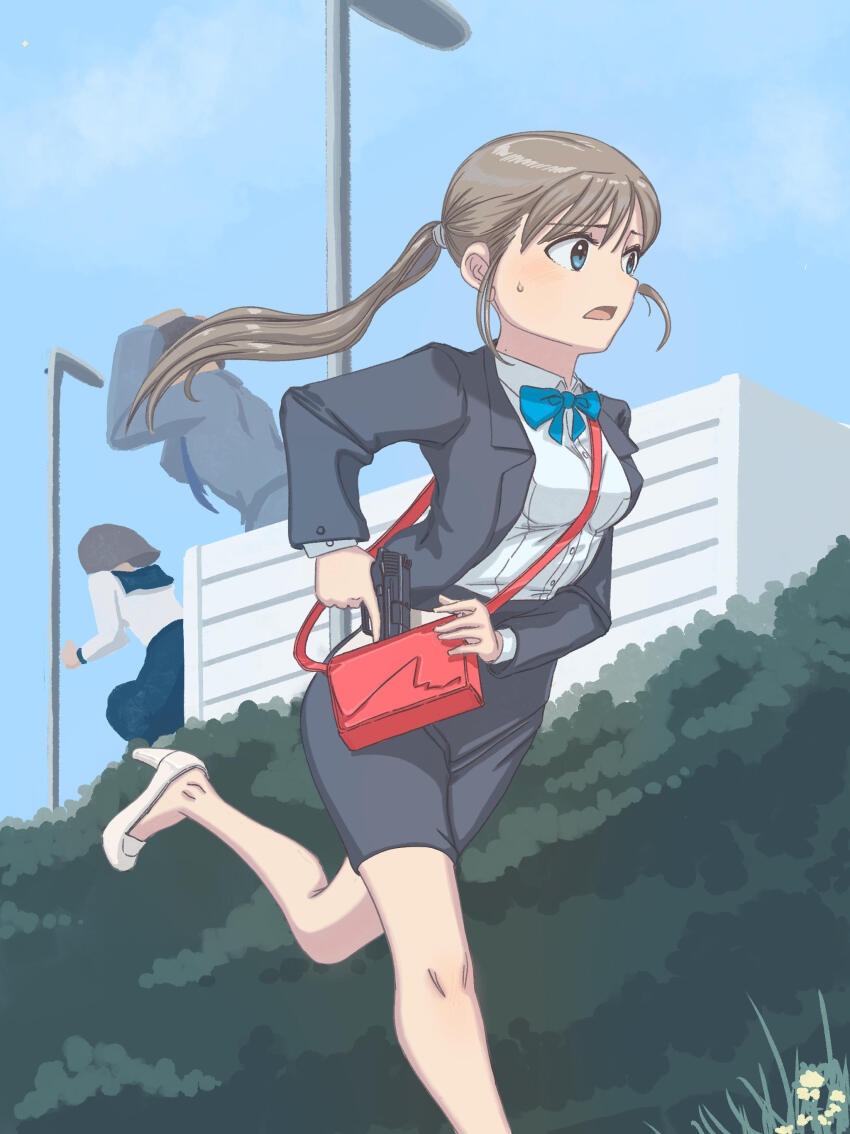 1other 2girls absurdres bag blue_bow blue_bowtie blue_eyes blue_sky bow bowtie brown_hair bush collared_shirt commentary dated_commentary drawing_gun grey_jacket grey_skirt gun handbag handgun high_heels highres holding holding_gun holding_weapon jacket kageng lamppost long_hair multiple_girls office_lady open_mouth original outdoors pencil_skirt ponytail red_bag shirt shirt_tucked_in skirt sky solo_focus sweatdrop trigger_discipline weapon white_footwear white_shirt