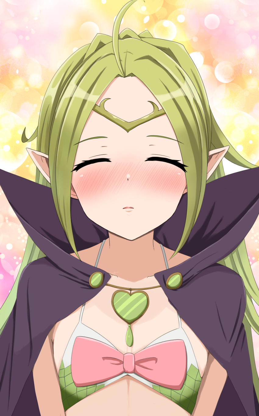 1girl ahoge black_cape blush bow brooch cape circlet closed_eyes closed_mouth crop_top fire_emblem fire_emblem_awakening flat_chest gem green_hair green_scales heart heart_brooch highres incoming_kiss jewelry long_hair nintendo nowi_(fire_emblem) parted_bangs patty_ojisan pink_bow pointy_ears ponytail sidelocks solo