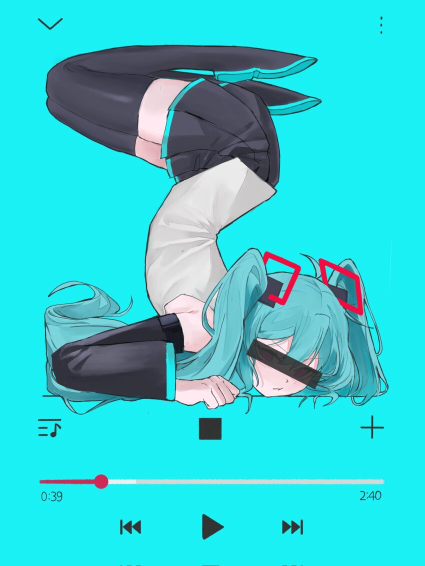 1girl aqua_hair bar_censor black_footwear black_skirt blue_background boots censored censored_identity commentary detached_sleeves full_body grey_shirt hatsune_miku hatsune_miku_(vocaloid4) highres long_hair media_player_interface miniskirt pink_eyes play_button pleated_skirt progress_bar revision sfsaltfish shirt skirt sleeveless sleeveless_shirt solo thigh_boots tokumei_m_(vocaloid) twintails upside-down user_interface v4x vocaloid