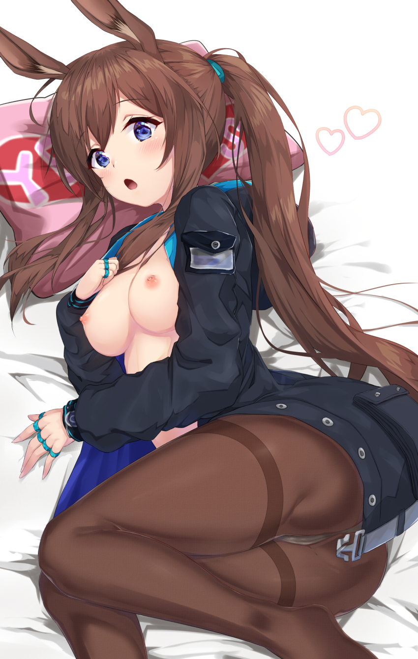 1girl absurdres amiya_(arknights) animal_ears arknights ass blue_eyes breasts brown_hair hair_between_eyes hand_on_own_chest hand_up heart highres jacket jewelry long_hair lying medium_breasts multiple_rings nipples no_bra no_shirt on_bed on_side open_clothes open_jacket open_mouth panties panties_under_pantyhose pantyhose ponta_(velmar) ponytail rabbit_ears rabbit_girl ring solo thighs thumb_ring underwear very_long_hair yes yes-no_pillow