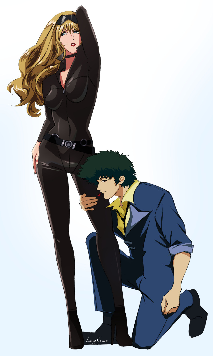 absurdres blonde_hair blunt_bangs breasts catsuit cleavage couple cowboy_bebop green_hair highres julia_(cowboy_bebop) leather lucy_guusi medium_breasts non-web_source spike_spiegel