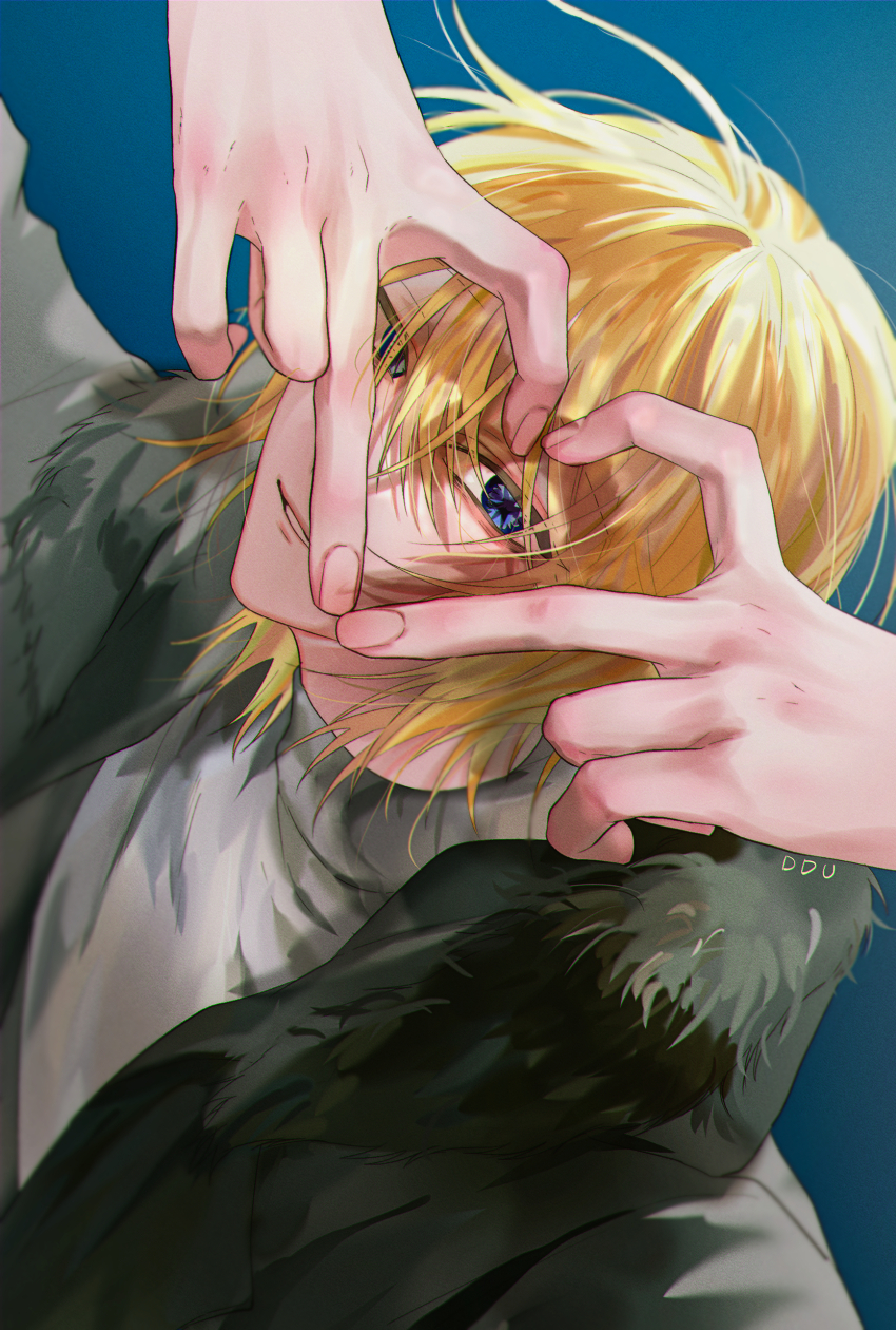 1boy absurdres black_jacket blonde_hair blue_background blue_eyes commentary_request ddu_45 fur-trimmed_hood fur_trim hair_between_eyes heart heart_hands highres hood hood_down hooded_jacket jacket kamiki_hikaru korean_commentary looking_at_viewer male_focus oshi_no_ko parted_lips shirt short_hair simple_background solo star-shaped_pupils star_(symbol) symbol-shaped_pupils white_shirt