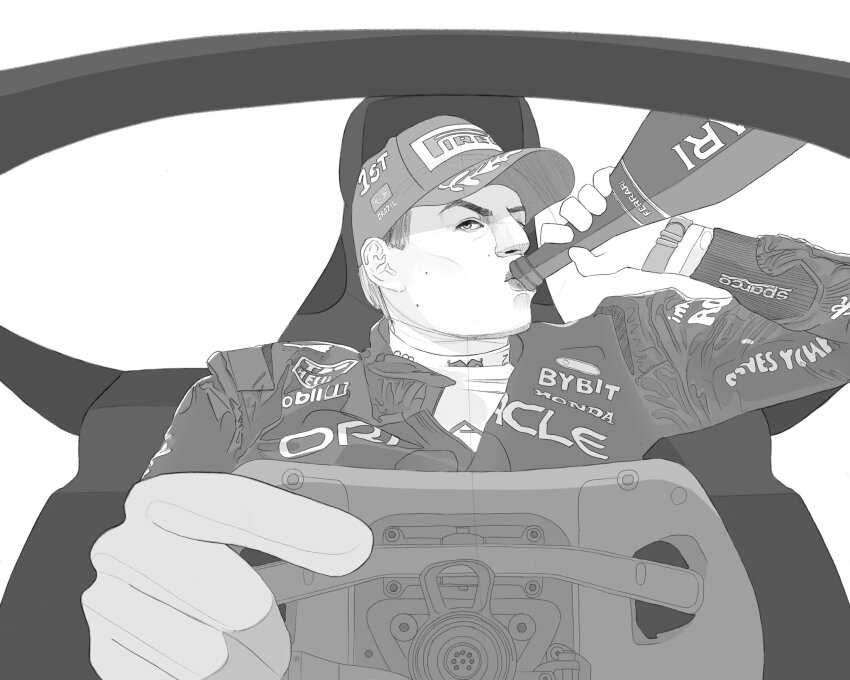 1boy bottle commentary drinking english_commentary formula_one gloves greyscale highres holding holding_bottle looking_at_viewer male_focus man_watching_tv_(meme) max_verstappen meme mole mole_on_cheek monochrome racing_suit real_life red_bull simple_background solo steering_wheel white_background