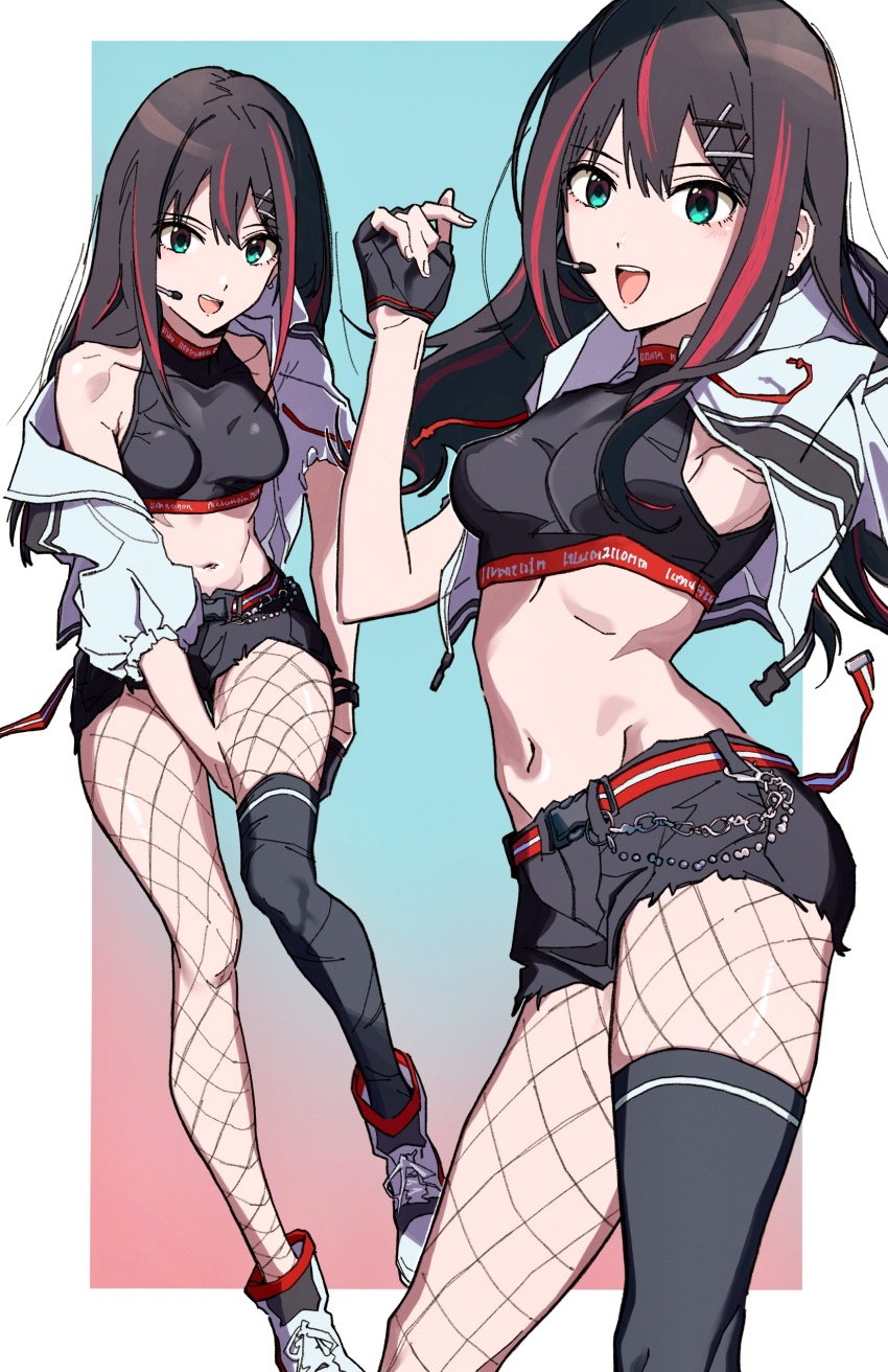 absurdres arm_up armpits bare_shoulders belt black_hair black_thighhighs bloom_into_me15 breasts chain choppy_bangs fingerless_gloves fishnet_pantyhose fishnets gloves green_eyes highres hip_bones idol idol_clothes idolmaster idolmaster_cinderella_girls jacket long_hair looking_at_viewer microphone midriff multicolored_hair narrow_waist navel open_mouth pantyhose red_belt shibuya_rin single_thighhigh small_breasts standing streaked_hair thighhighs white_footwear white_jacket