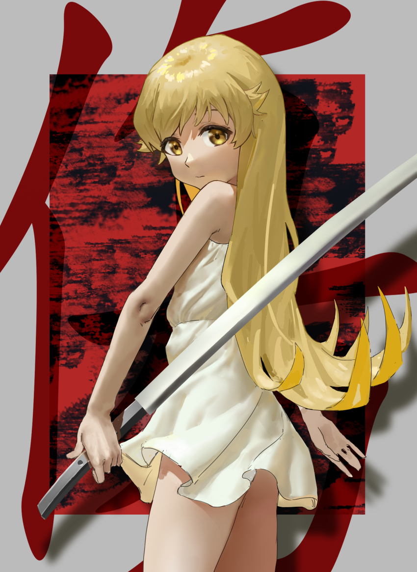 1girl absurdres arms_at_sides bare_shoulders blonde_hair border chinese_text closed_mouth commentary cowboy_shot dress english_commentary expressionless from_side hair_flaps highres holding holding_sword holding_weapon katana leo_liao323 long_hair looking_at_viewer looking_to_the_side monogatari_(series) oshino_shinobu outside_border red_background reverse_grip sleeveless sleeveless_dress solo standing sundress sword translation_request very_long_hair weapon white_border white_dress wind yellow_eyes