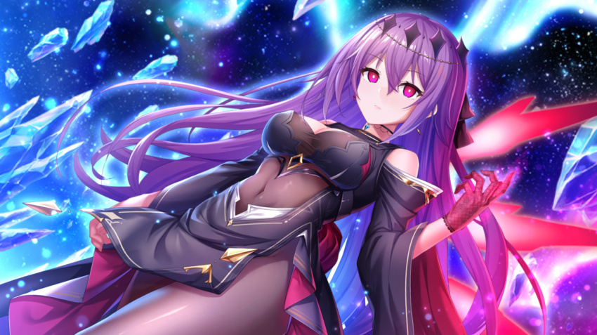 bare_shoulders breasts cleavage crystal deep_one_kyomu_to_mugen_no_fragment dmm gloves large_breasts navel purple_hair