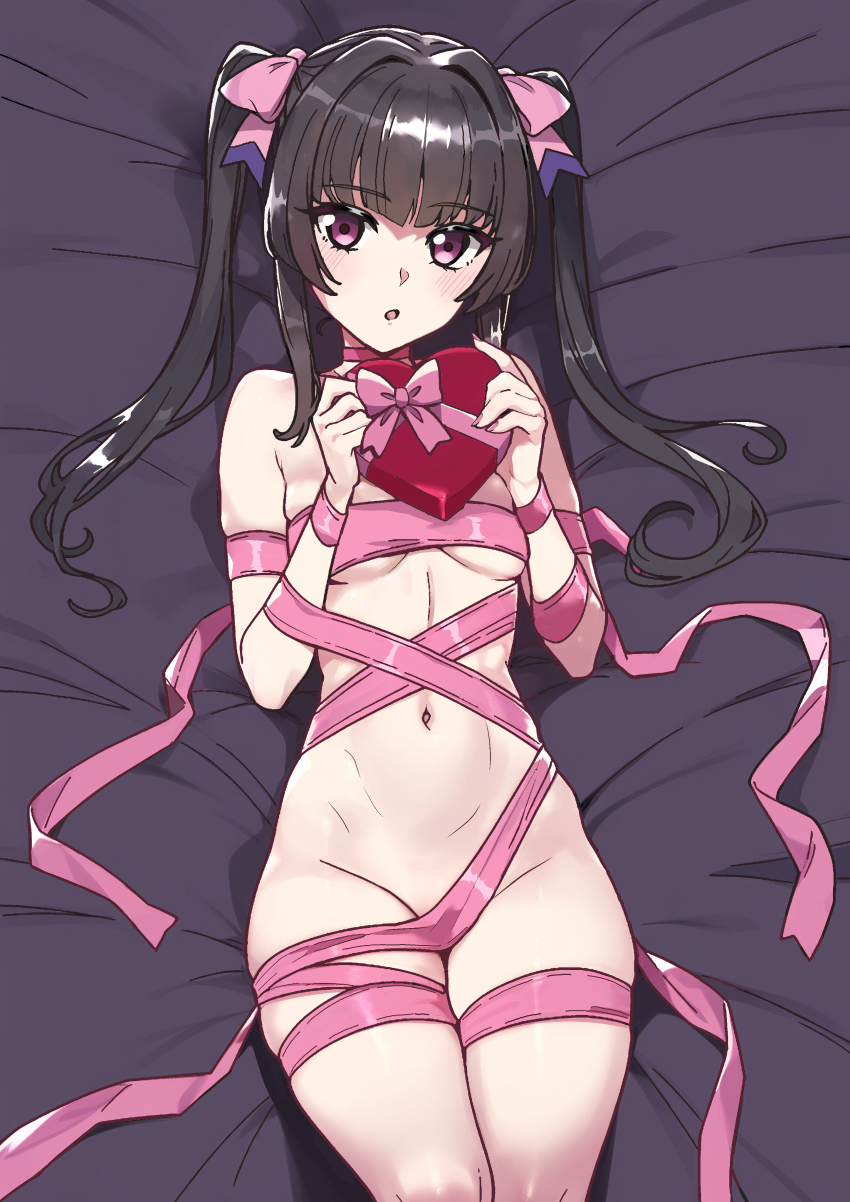 1girl absurdres black_hair blunt_bangs blush box breasts convenient_censoring gift gift_box hair_ornament highres long_hair looking_at_viewer lying naked_ribbon navel nude on_back open_mouth pikumin64 pink_eyes ribbon senki_zesshou_symphogear shiny_skin small_breasts solo tsukuyomi_shirabe twintails valentine