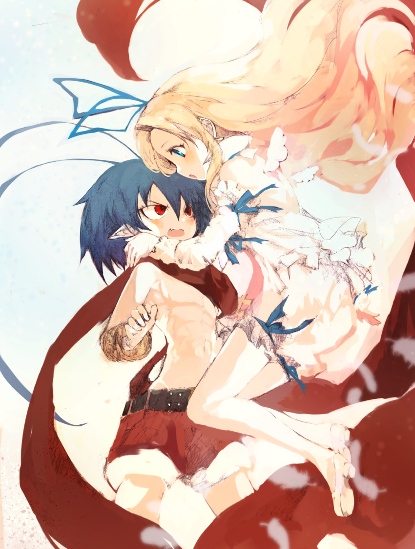 1boy 1girl angel antenna_hair belt blonde_hair blue_hair blue_ribbon blush bracelet commentary demon_boy detached_sleeves disgaea eyelashes fang flonne flustered from_side hair_ribbon hands_on_another&#039;s_face highres jewelry kakuwashi laharl long_hair makai_senki_disgaea open_mouth pointy_ears profile red_eyes red_scarf red_shorts ribbon scarf short_hair shorts sketch skin_fang smile topless_male very_long_hair white_background wings