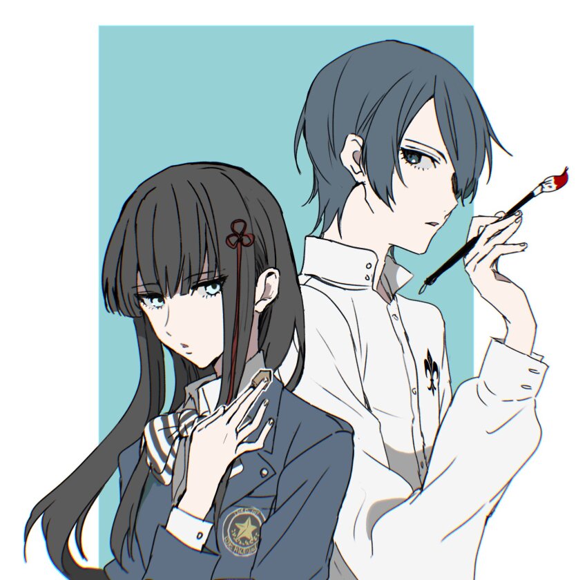 1boy 1girl black_hair blue_eyes blue_hair blue_jacket blunt_bangs bow bowtie collared_shirt hair_ornament highres jacket kitagawa_yuusuke kosei_high_school_uniform long_hair long_sleeves paintbrush parted_lips persona persona_5 school_uniform shirt shukitashuki striped_bow striped_bowtie striped_clothes tougou_hifumi two-tone_background upper_body white_shirt