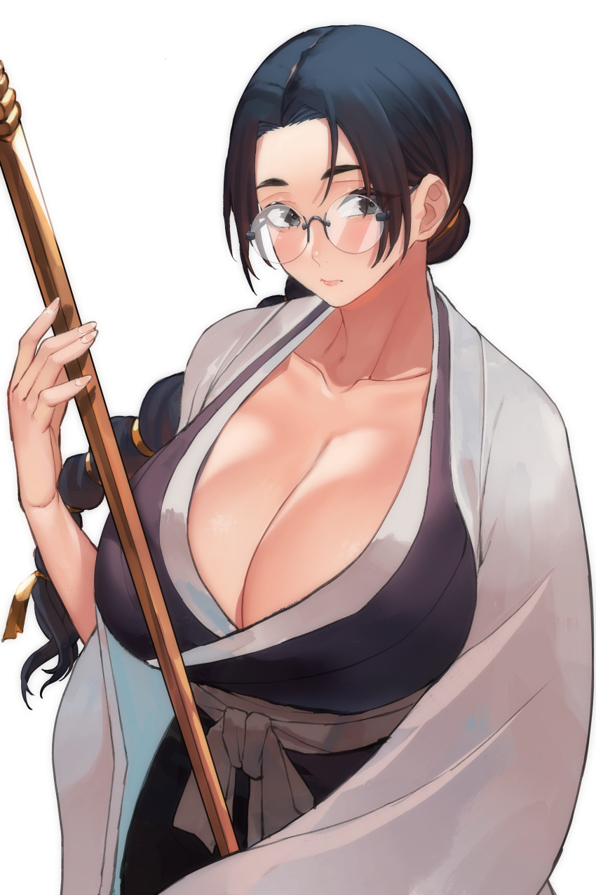 1girl absurdres black_hair bleach bleach:_sennen_kessen-hen blood_hood braid breasts cleavage glass haori highres holding holding_weapon huge_breasts japanese_clothes katori_batsuunsai looking_to_the_side round_eyewear shinigami sidelocks single_braid solo taichou_haori weapon white_background