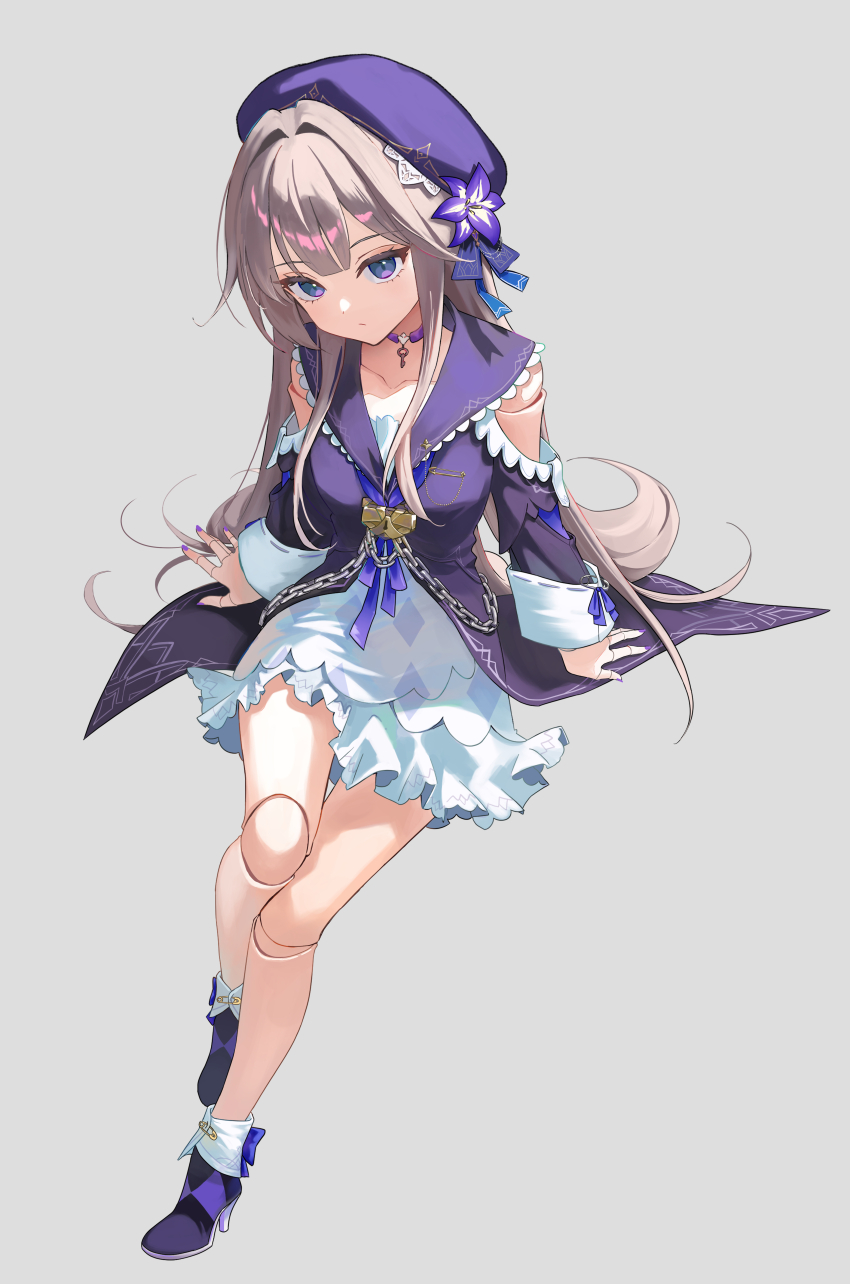 1girl absurdres arm_support beret choker clothing_cutout daon_(93111_ys) doll_joints dress flower grey_hair hat herta_(honkai:_star_rail) high_heels highres honkai:_star_rail honkai_(series) invisible_chair joints key key_choker looking_at_viewer neckerchief puppet purple_choker purple_dress purple_eyes purple_flower purple_footwear purple_neckerchief shoulder_cutout sitting skirt solo white_skirt