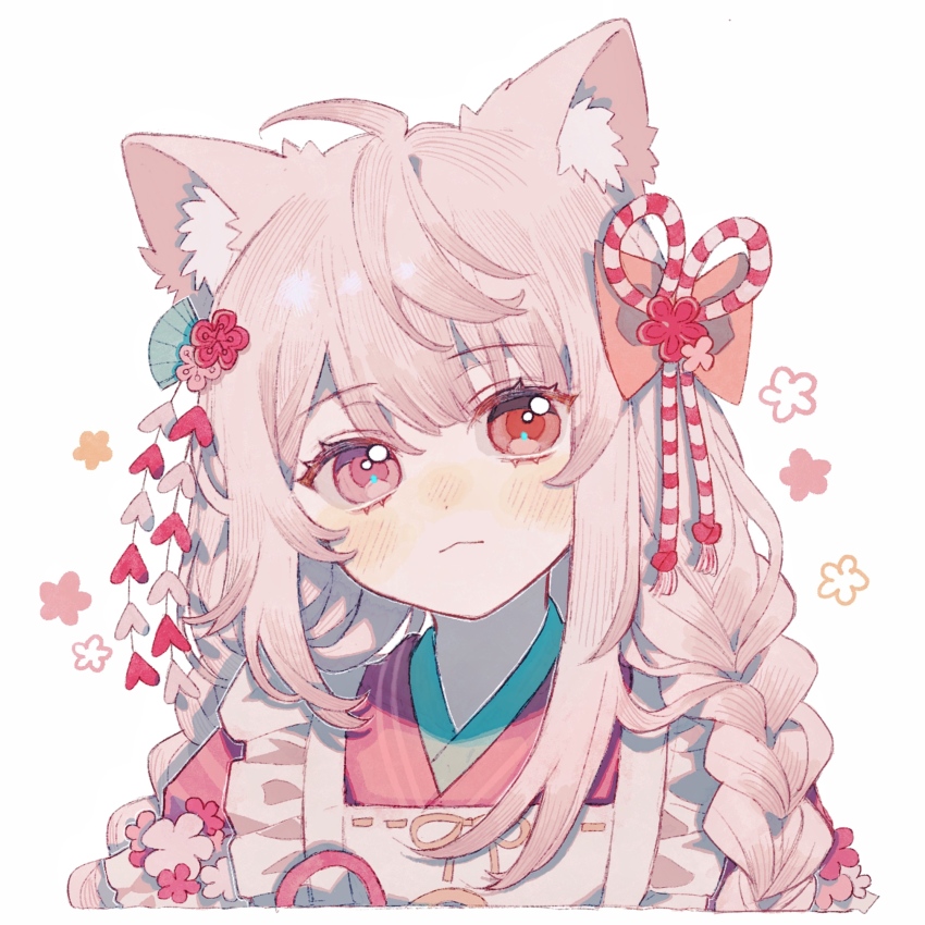 1girl :&lt; ahoge animal_ears apron artist_request asymmetrical_sidelocks blunt_bangs borrowed_character braid cat_ears closed_mouth commission cowlick cropped_torso dot_nose flower_(symbol) frilled_straps grey_hair hair_ornament highres japanese_clothes kanzashi kimono long_hair original pink_eyes pink_kimono portrait red_eyes second-party_source simple_background solo tsumami_kanzashi twin_braids white_apron white_background