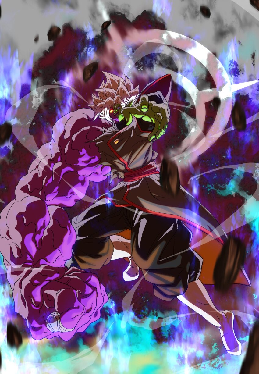 1boy absurdres aura black_bodysuit black_pants bodysuit boots colored_sclera colored_skin crazy_eyes crazy_smile dragon_ball dragon_ball_super earrings fused_zamasu glowing glowing_eyes green_skin grey_eyes halo highres jewelry long_sleeves looking_at_viewer melting mismatched_sclera multicolored_skin mutation open_mouth outstretched_arm pants pointy_ears potara_earrings purple_skin reaching reaching_towards_viewer red_eyes red_sash ring sash sharp_teeth smile solo spiked_hair teeth white_footwear white_hair xalice18 yellow_sclera