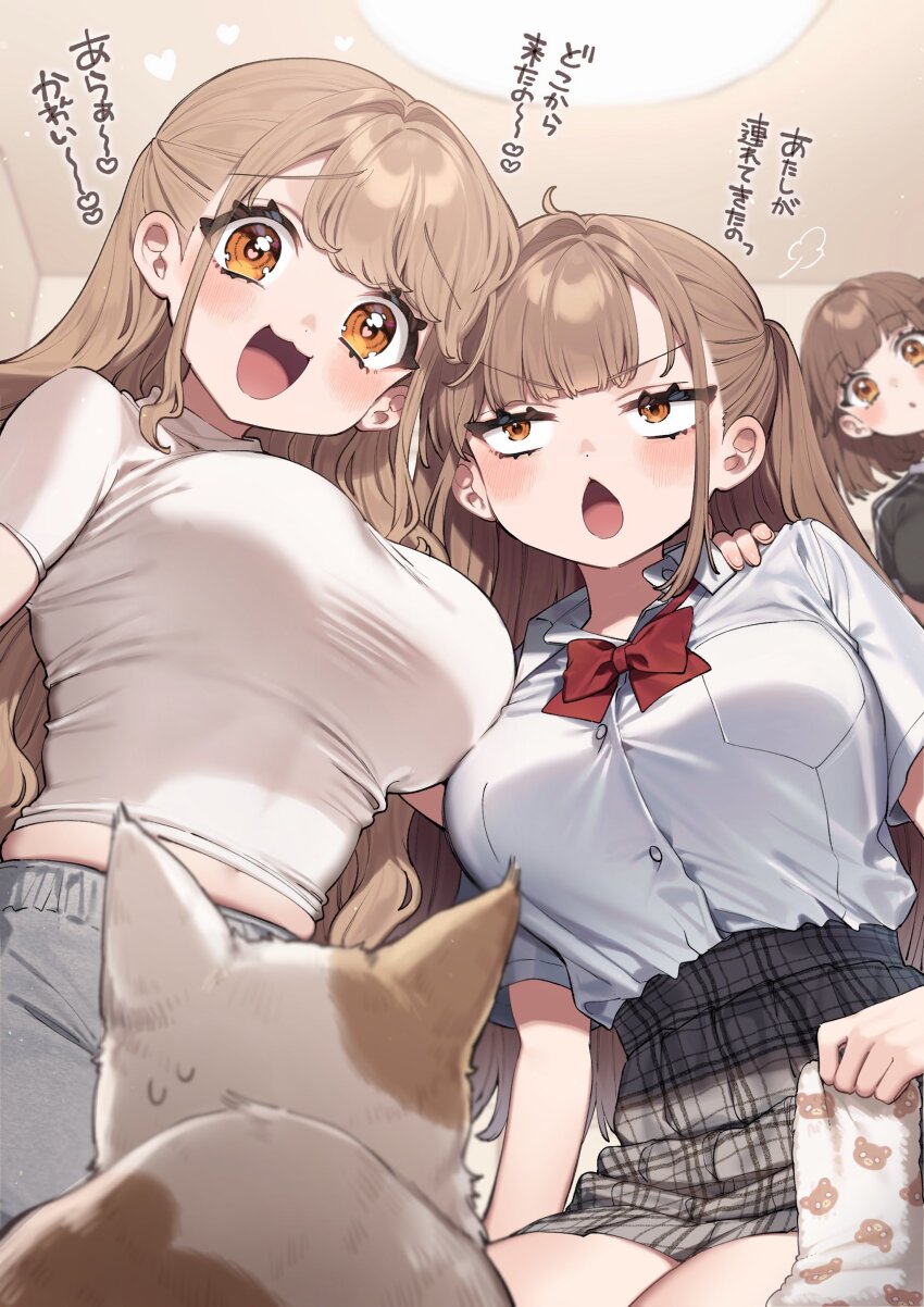 3girls :3 absurdres ahoge animal blush bow bowtie breast_pocket breasts brown_hair cat ceiling_light chestnut_mouth chibi_kyonyuu collared_shirt commentary_request dot_nose dress_shirt from_below grey_pants grey_skirt hand_on_another&#039;s_shoulder heart heart-shaped_pupils highres indoors kodama&#039;s_elder_sister_(sakura_yuki) kodama_(sakura_yuki) large_breasts long_hair midriff_peek multiple_girls open_mouth orange_eyes pants plaid_clothes plaid_skirt pleated_skirt pocket puff_of_air red_bow red_bowtie sakura_yuki_(clochette) school_uniform shirt shirt_tucked_in short_hair short_sleeves siblings sisters skirt smile sweat sweatpants symbol-shaped_pupils symbol_in_eye translation_request turtleneck turtleneck_shirt v-shaped_eyebrows very_long_hair white_shirt