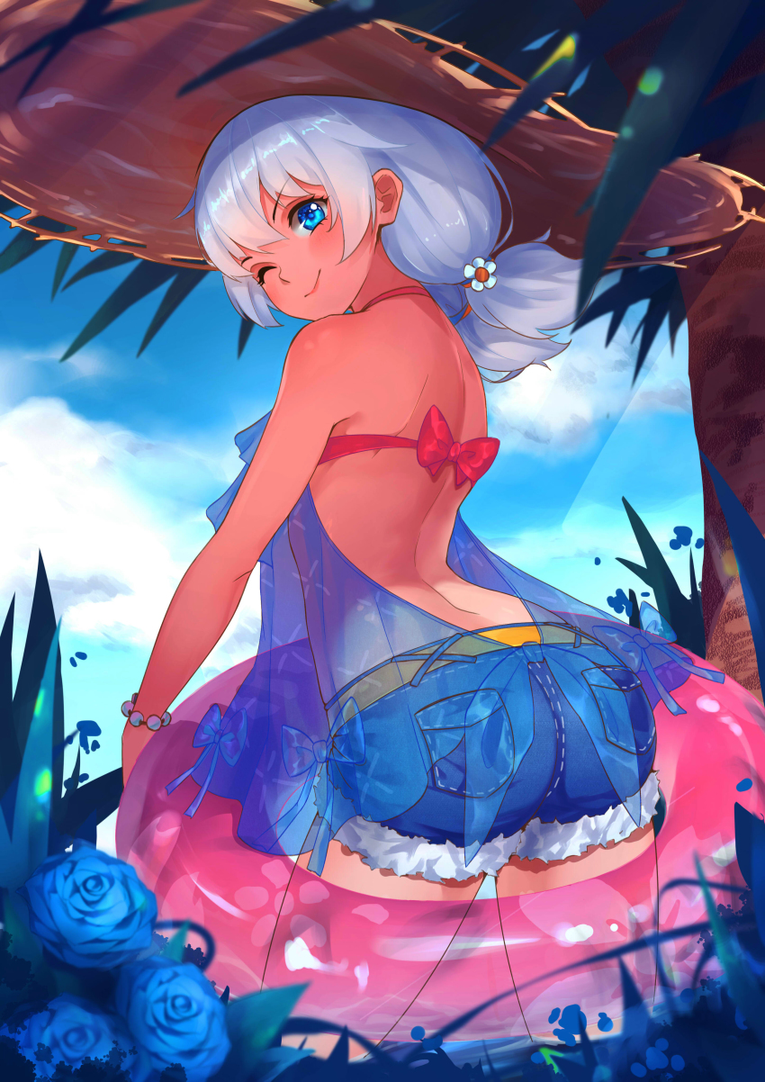 1girl absurdres ass bare_shoulders bead_bracelet beads belt bikini blue_eyes blue_flower blue_rose blue_shorts blue_sky bracelet cloud day dress flower from_behind hair_between_eyes hair_over_shoulder hat highres honkai_(series) honkai_impact_3rd innertube jewelry long_hair looking_at_viewer looking_back low_ponytail muta_(csw) one_eye_closed outdoors palm_tree rose see-through_clothes see-through_dress shade short_shorts shorts sidelocks silver_hair sky smile solo straw_hat sun_hat swim_ring swimsuit theresa_apocalypse theresa_apocalypse_(shallow_sunset) theresa_apocalypse_(valkyrie_pledge) translucent_dress tree