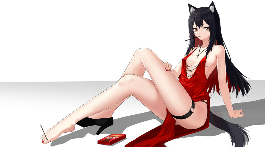 1girl absurdres animal_ear_fluff animal_ears arknights bare_arms bare_shoulders barefoot between_toes black_footwear black_hair black_tail breasts colored_inner_hair commentary cross cross_necklace dress english_commentary feet fingernails food food_in_mouth full_body halter_dress halterneck hand_on_own_leg high_heels highres jewelry kitohosi latin_cross long_hair looking_at_viewer medium_breasts mixed-language_commentary mouth_hold multicolored_hair nail_polish necklace o-ring o-ring_thigh_strap orange_eyes pelvic_curtain pocky red_dress red_hair red_nails revealing_clothes shoes side_slit sidelocks single_bare_foot sitting solo tail texas_(arknights) thigh_strap toenail_polish toenails toes two-tone_hair white_background wolf_ears wolf_girl wolf_tail