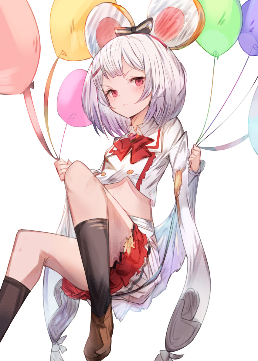 1girl animal_ears balloon black_bow black_socks blush bow brooch brown_footwear closed_mouth commentary_request crop_top granblue_fantasy hair_bow hair_ornament hairclip heart heart_brooch highres holding holding_balloon jewelry knee_up kneehighs long_sleeves looking_at_viewer midriff mouse_ears pleated_skirt red_eyes shirt shoes silver_hair simple_background skirt socks solo striped_bow tota_(sizukurubiks) vikala_(granblue_fantasy) white_background white_shirt white_skirt wide_sleeves