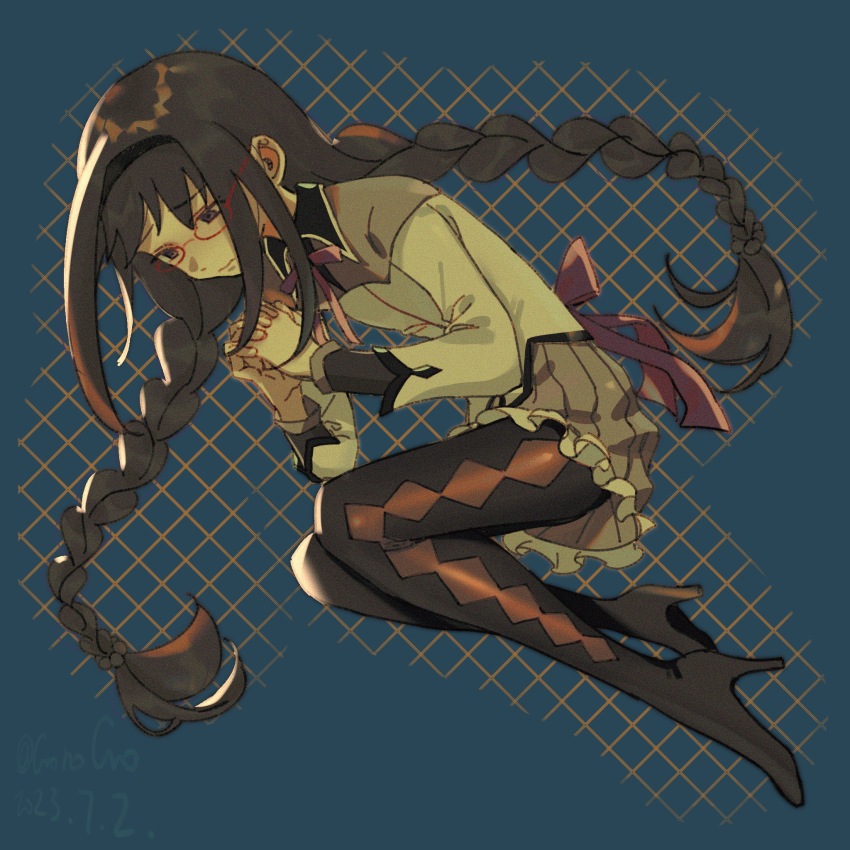 1girl akemi_homura akemi_homura_(magical_girl) argyle_clothes argyle_footwear artist_name back_bow black_footwear black_hairband blue_background boots bow bowtie braid capelet closed_mouth collared_capelet commentary dated english_commentary eyelashes frilled_skirt frills full_body furrowed_brow gionogio glasses hair_bobbles hair_ornament hair_spread_out hairband high_heel_boots high_heels highres interlocked_fingers layered_sleeves long_hair long_sleeves looking_ahead low_twin_braids lying magical_girl mahou_shoujo_madoka_magica mahou_shoujo_madoka_magica_(anime) miniskirt on_side own_hands_clasped own_hands_together pantyhose pleated_skirt purple_bow purple_bowtie purple_capelet purple_eyes purple_hair purple_skirt red-framed_eyewear sad shirt skirt solo thigh_boots twin_braids very_long_hair wavy_mouth white_shirt