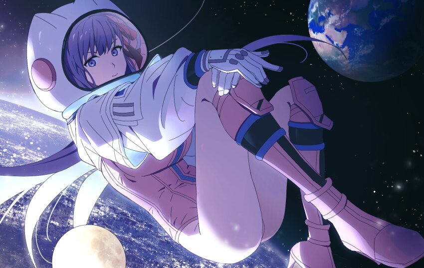 1girl bb_(fate) bb_cosmo_(fate) bobi earth_(planet) fate/grand_order fate_(series) gloves hair_ribbon helmet highleg highres leotard long_hair moon no_pants pink_footwear pink_leotard planet purple_eyes purple_hair red_ribbon ribbon smile solo space space_helmet spacesuit star_(sky) white_gloves zipper