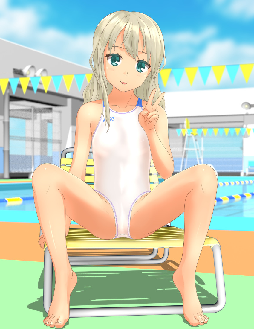 1girl absurdres asics barefoot blonde_hair blue_sky blurry chair cloud competition_swimsuit day depth_of_field flat_chest full_body grecale_(kancolle) green_eyes head_tilt highres kantai_collection long_hair looking_at_viewer lounge_chair one-piece_swimsuit outdoors pool sitting sky solo spread_legs string_of_flags swimsuit takafumi tongue tongue_out v wavy_hair white_one-piece_swimsuit