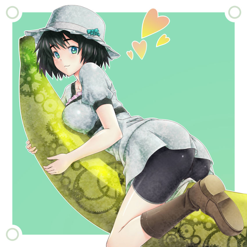 1girl ass banana bike_shorts black_hair blue_eyes blush boots breasts female_focus food fruit gears green_eyes hat heart highres holding holding_food holding_fruit kanata_(kanata_onion) large_breasts light_smile looking_back hugging_object on_banana oversized_food oversized_object shiina_mayuri short_hair solo steins;gate