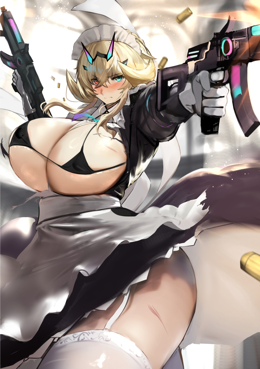 1girl absurdres apron barghest_(fate) barghest_(swimsuit_archer)_(fate) barghest_(swimsuit_archer)_(second_ascension)_(fate) bikini black_dress blonde_hair blush breasts closed_mouth collared_dress dress fate/grand_order fate_(series) gloves green_eyes gun heterochromia highres horns jikihatiman large_breasts long_sleeves looking_at_viewer maid maid_headdress medium_hair red_eyes solo swimsuit thighhighs torn_clothes variant_set weapon white_apron white_gloves