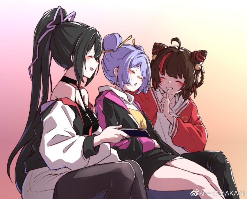 3girls ahoge azusa_(vtuber) azusa_official black_choker black_hair black_jacket black_pants black_pantyhose blush braid brown_hair choker closed_eyes cone_hair_bun double_bun finger_to_mouth gradient_background hair_bun hair_ornament hair_ribbon high_ponytail holding hood hoodie jacket kero_(vtuber) long_hair long_sleeves multicolored_hair multiple_girls nanami_(virtuareal) nijisanji off_shoulder open_clothes open_jacket open_mouth pants pantyhose ponytail red_hair red_jacket ribbon shirt short_hair shushing sitting sleeping smile streaked_hair virtual_youtuber virtuareal weibo_6065089165 white_hoodie