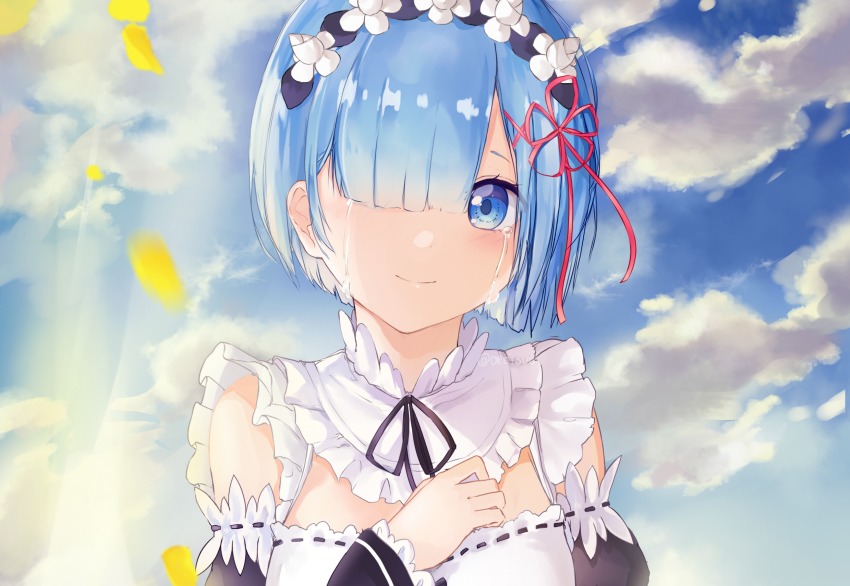 10s 1girl blue_eyes blue_hair blue_sky blush cloud day detached_sleeves female_focus field flower flower_field frilled_sleeves frills hair_ornament hair_over_one_eye hair_ribbon hand_on_own_chest happy_tears highres looking_at_viewer maid oretsuu petals re:zero_kara_hajimeru_isekai_seikatsu red_ribbon rem_(re:zero) ribbon ribbon-trimmed_clothes ribbon_trim short_hair sky smile solo tears upper_body yellow_flower