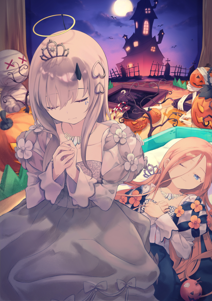 2girls 3; abigail_williams_(fate) absurdres candy candy_cane closed_eyes coffin curtains daisi_gi dress fake_halo fate/grand_order fate_(series) flower flower_necklace food grey_dress grey_hair hair_between_eyes halloween halo hands_on_own_chest highres horns jack-o&#039;-lantern jewelry juliet_sleeves lavinia_whateley_(fate) long_hair long_sleeves lying matching_outfits moon multiple_girls mummy necklace night night_sky on_back one_eye_closed orange_hair own_hands_clasped own_hands_together puffy_sleeves pumpkin single_horn sitting sky tiara