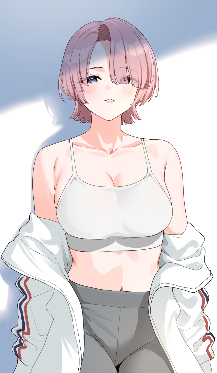 1girl arimura_mao armpit_crease bare_shoulders blue_eyes blush breasts cleavage collarbone commentary cowboy_shot gakuen_idolmaster grey_pants highres idolmaster jacket large_breasts looking_at_viewer midriff navel nonbire off_shoulder pants pink_hair shadow short_hair smile solo sports_bra white_jacket white_sports_bra