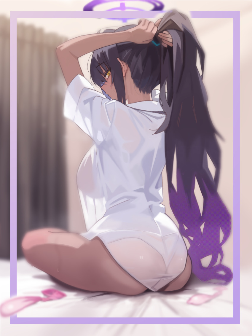 1girl absurdres adjusting_hair ass bed_sheet black_hair blue_archive blush breasts commentary_request condom curtains dark-skinned_female dark_skin from_behind gradient_hair halo highres indoors karin_(blue_archive) large_breasts long_hair looking_at_viewer multicolored_hair on_bed ponytail purple_hair purple_halo rehu_(astd5787) see-through_silhouette shirt short_sleeves solo thighs used_condom very_long_hair yellow_eyes