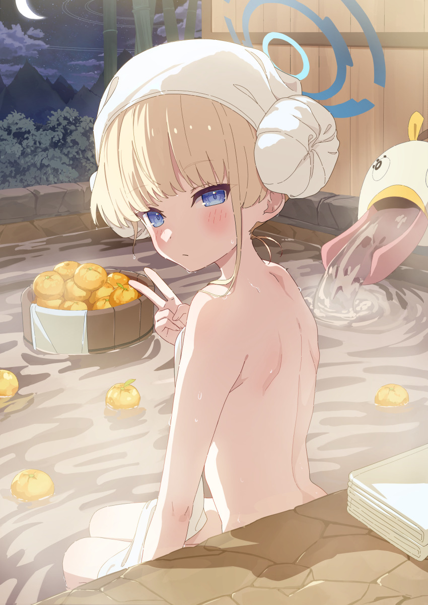 1girl absurdres back blonde_hair blue_archive blue_eyes blue_halo blush closed_mouth cloud completely_nude halo headscarf highres looking_at_viewer looking_back night night_sky nude onsen outdoors partially_submerged peroro_(blue_archive) seero sky toki_(blue_archive) v water