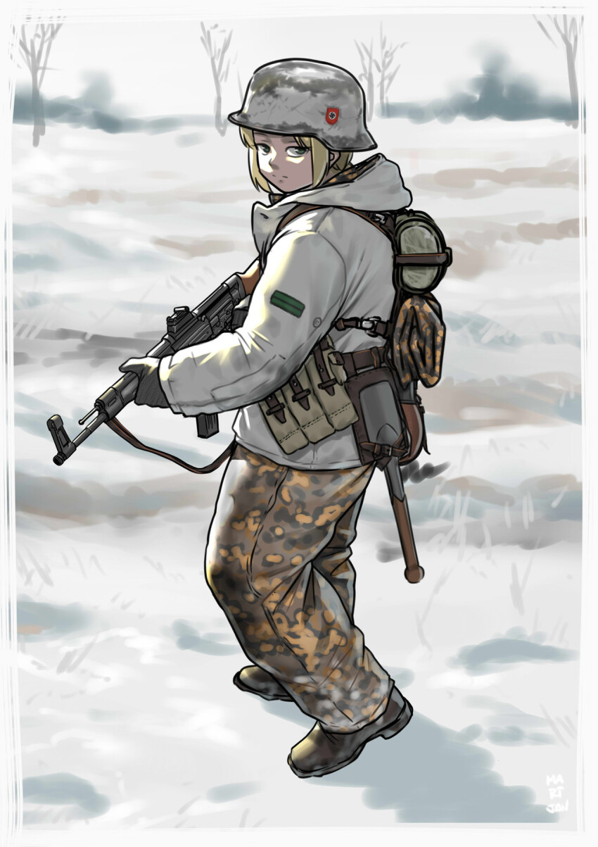 ammunition_pouch assault_rifle blonde_hair camouflage camouflage_pants combat_helmet gun gun_sling helmet highres mardjan military original pants parka pouch rifle stahlhelm stg44 swastika waffen-ss weapon world_war_ii