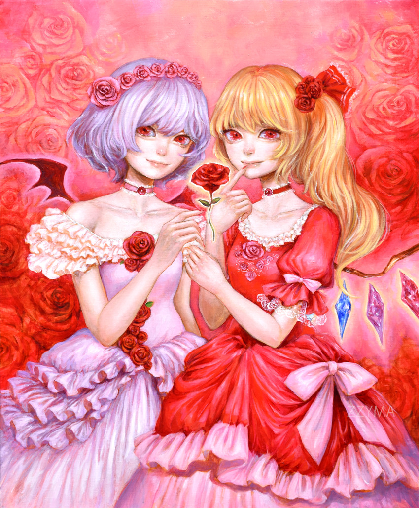 2girls adapted_costume bat_wings dress eyebrows_hidden_by_hair flandre_scarlet flower hair_flower hair_ornament highres johnalay lips looking_at_viewer multiple_girls no_headwear nose nostrils one_side_up petals pink_dress pink_flower red_dress red_flower red_rose remilia_scarlet rose rose_petals siblings sisters smile thorns touhou wings