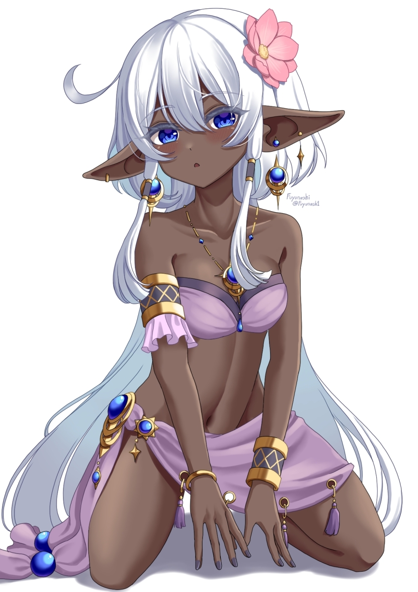 artist_name bare_shoulders black_nails blue_eyes blue_gemstone blush breasts check_copyright collarbone commentary_request copyright_request dark-skinned_female dark_skin earrings elf fingernails flower fuyunash1 gem hair_between_eyes hair_flower hair_ornament highres jewelry kneeling long_hair looking_at_viewer medium_breasts nail_polish navel original pendant pink_flower pointy_ears purple_skirt shadow side-tie_skirt simple_background skirt stomach twitter_username very_long_hair white_background white_hair