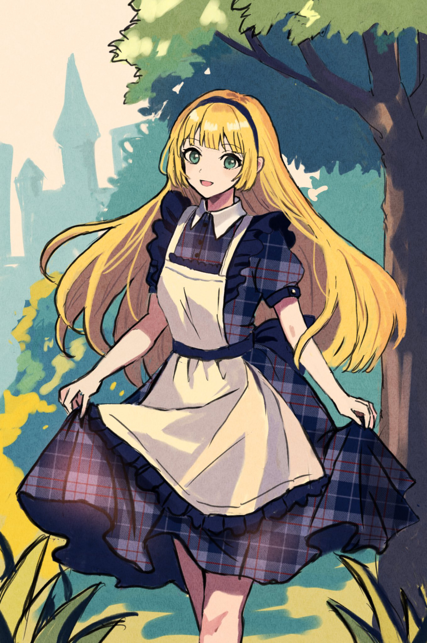 1girl :d alternate_costume apron black_dress black_hairband blonde_hair day dress fire_emblem fire_emblem:_three_houses floating_hair green_eyes hairband highres ingrid_brandl_galatea long_dress long_hair looking_at_viewer nintendo open_mouth outdoors plaid_clothes plaid_dress short_sleeves skirt_hold smile solo standing very_long_hair white_apron yuurururun