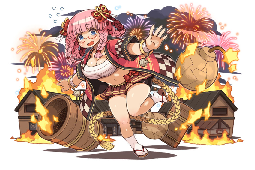 1girl barrel blue_eyes bracelet braid braided_hair_rings breasts cleavage female_focus fire fireworks fullbokko_heroes hair_rings jewelry large_breasts leg_up long_hair navel official_art open_mouth outstretched_arms pink_hair pleated_skirt red-framed_eyewear sandals semi-rimless_eyewear shigatake skirt solo spread_arms under-rim_eyewear