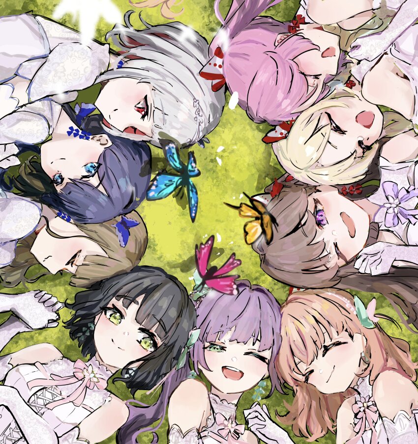 6+girls ;d ^_^ absurdres anyoji_hime aurora_flower_(love_live!) bare_shoulders black_hair blonde_hair blue_butterfly blue_eyes blue_hair blunt_bangs bob_cut breasts brown_hair bug butterfly butterfly_hair_ornament center-flap_bangs cerise_bouquet circle_formation closed_eyes closed_mouth colored_inner_hair commentary_request crossed_bangs diagonal_bangs dollchestra earrings elbow_gloves fujishima_megumi gloves grass green_eyes hair_bun hair_intakes hair_ornament hairband highres hinoshita_kaho holding_hands insect interlocked_fingers inverted_bob jewelry jin_(oihlf) kachimachi_kosuzu link!_like!_love_live! long_hair looking_at_another love_live! low_twintails lying medium_breasts medium_hair mira-cra_park! momose_ginko multicolored_hair multiple_girls murano_sayaka official_alternate_costume on_back on_ground on_side one_eye_closed open_mouth orange_hair osawa_rurino otomune_kozue outdoors parted_bangs pink_butterfly pink_hair ponytail purple_eyes purple_hair red_eyes red_hair shirt short_hair short_sleeves side_ponytail sidelocks single_side_bun sleeveless sleeveless_shirt smile split_mouth straight_hair streaked_hair teeth twintails two_side_up upper_teeth_only virtual_youtuber wavy_mouth white_gloves white_hair white_hairband yellow_butterfly yugiri_tsuzuri