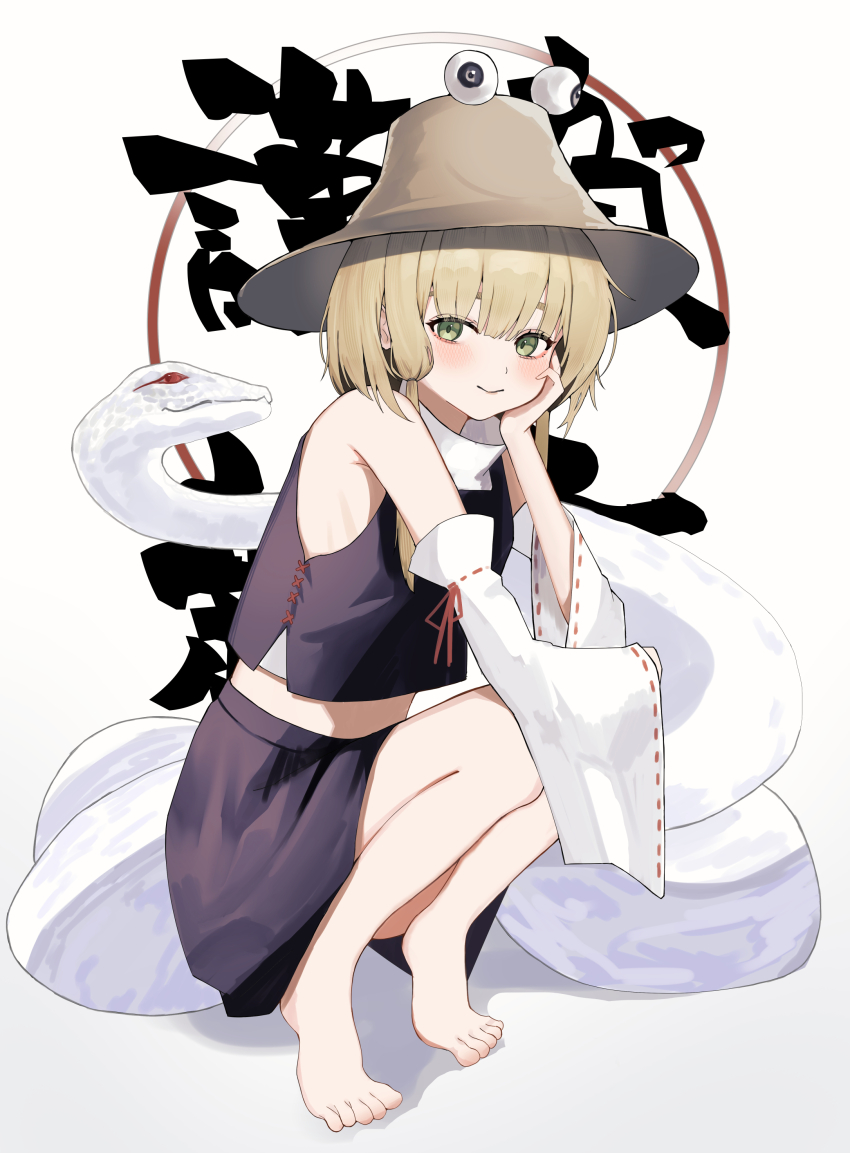 1girl absurdres bare_legs bare_shoulders barefoot blonde_hair brown_hat detached_sleeves full_body green_eyes hand_on_own_cheek hand_on_own_face hat highres kaminose_(user_veum4325) light_smile long_sleeves midriff_peek mishaguji moriya_suwako purple_skirt purple_vest simple_background skirt snake solo squatting touhou vest white_background white_sleeves