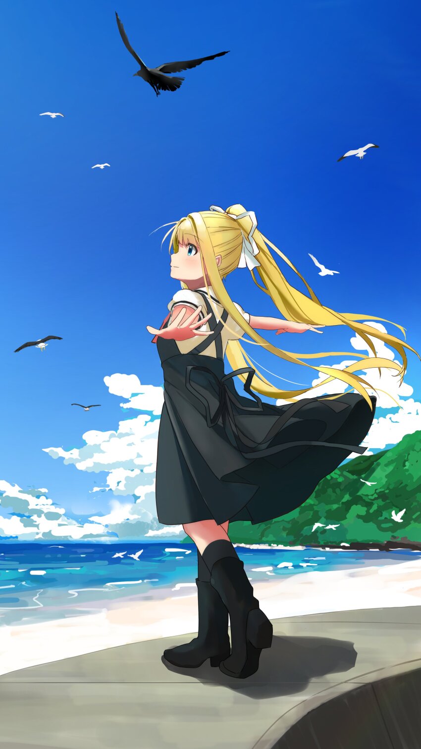 1girl absurdres air_(visual_novel) back_ribbon beach bird black_dress black_footwear black_ribbon blonde_hair blue_eyes blush boots cloud day dress hair_ribbon highres kamio_misuzu long_hair looking_up naz_20th outstretched_arms ponytail puffy_sleeves ribbon school_uniform seagull shirt short_sleeves sidelocks sky smile solo sora_(air) very_long_hair white_ribbon white_shirt