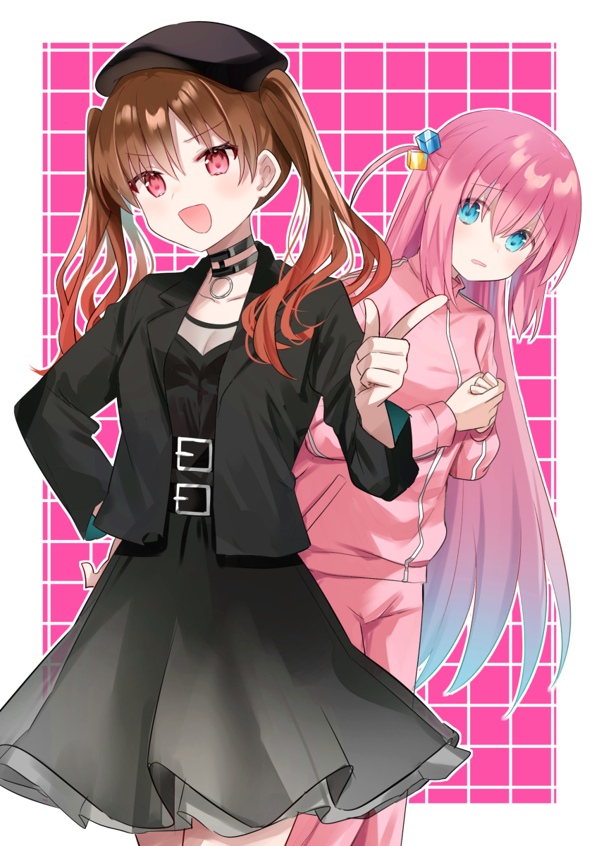 2girls :d absurdres black_dress black_jacket blue_eyes blue_hair bocchi_the_rock! breasts brown_hair chiune_(yachi) cleavage collarbone commentary_request cube_hair_ornament dress gotoh_hitori gradient_hair grid_background hair_ornament hand_up highres index_finger_raised jacket long_hair multicolored_hair multiple_girls one_side_up ootsuki_yoyoko open_clothes open_jacket open_mouth own_hands_together pants parted_lips pink_hair pink_jacket pink_pants red_eyes see-through_clothes see-through_cleavage small_breasts smile standing track_jacket track_pants track_suit twintails very_long_hair