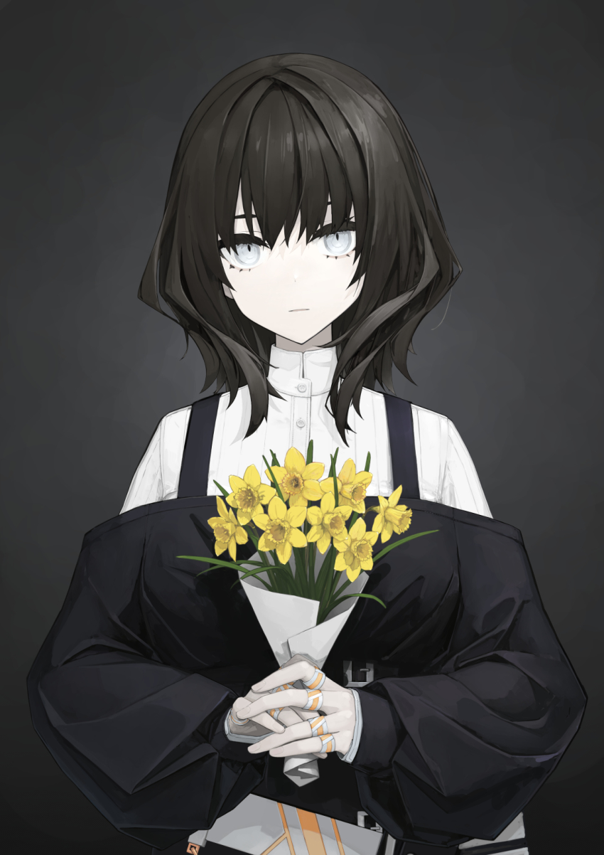 1girl alchemy_stars banned_artist belt black_background black_dress black_hair buttons closed_mouth dress expressionless flower gradient_background grey_eyes high_collar highres holding holding_flower lenore_(alchemy_stars) long_sleeves medium_hair mikoto_(oi_plus) off-shoulder_dress off_shoulder shirt solo upper_body white_shirt