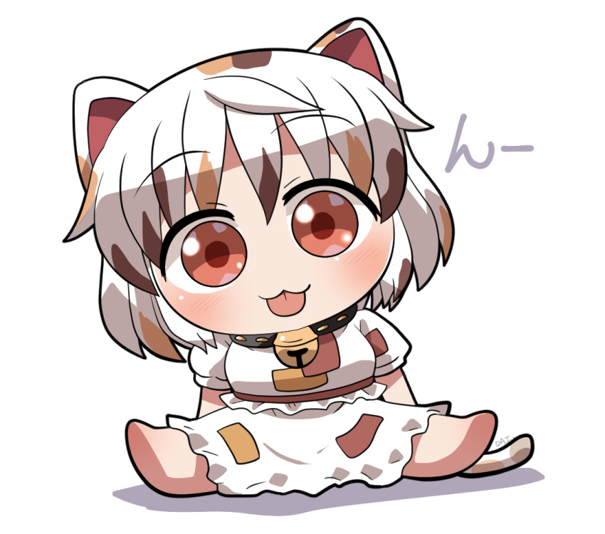 1girl :3 animal_ears barefoot bell blush calico cat_ears cat_girl cat_tail chibi chibi_only closed_mouth commentary_request full_body goutokuji_mike jingle_bell looking_at_viewer multicolored_hair patch puffy_short_sleeves puffy_sleeves red_eyes rokugou_daisuke shirt short_hair short_sleeves signature simple_background sitting skirt skirt_set solo streaked_hair tail tongue tongue_out touhou white_background white_hair white_shirt white_skirt