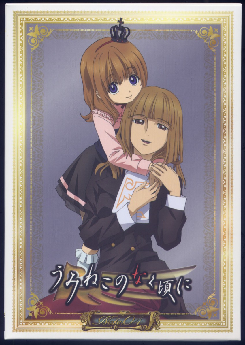 2girls age_difference blonde_hair blue_eyes brown_eyes brown_hair crown dress highres hime_cut kikuchi_youko long_hair mother_and_daughter multiple_girls necktie official_art umineko_no_naku_koro_ni ushiromiya_maria ushiromiya_rosa