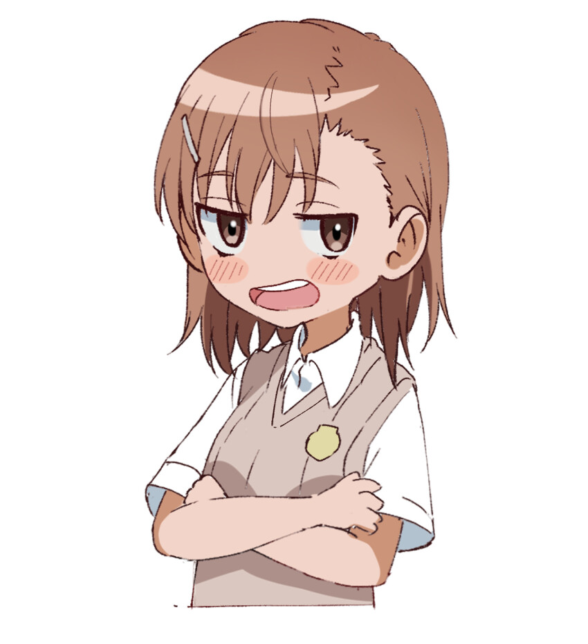 1girl blush_stickers brown_eyes brown_hair brown_sweater_vest collared_shirt cropped_torso crossed_arms deformed facing_viewer hair_ornament hairclip highres misaka_mikoto open_mouth pension_z school_uniform shirt short_hair sideways_glance simple_background solo sweater_vest teeth toaru_kagaku_no_railgun toaru_majutsu_no_index tokiwadai_school_uniform upper_teeth_only white_background white_shirt