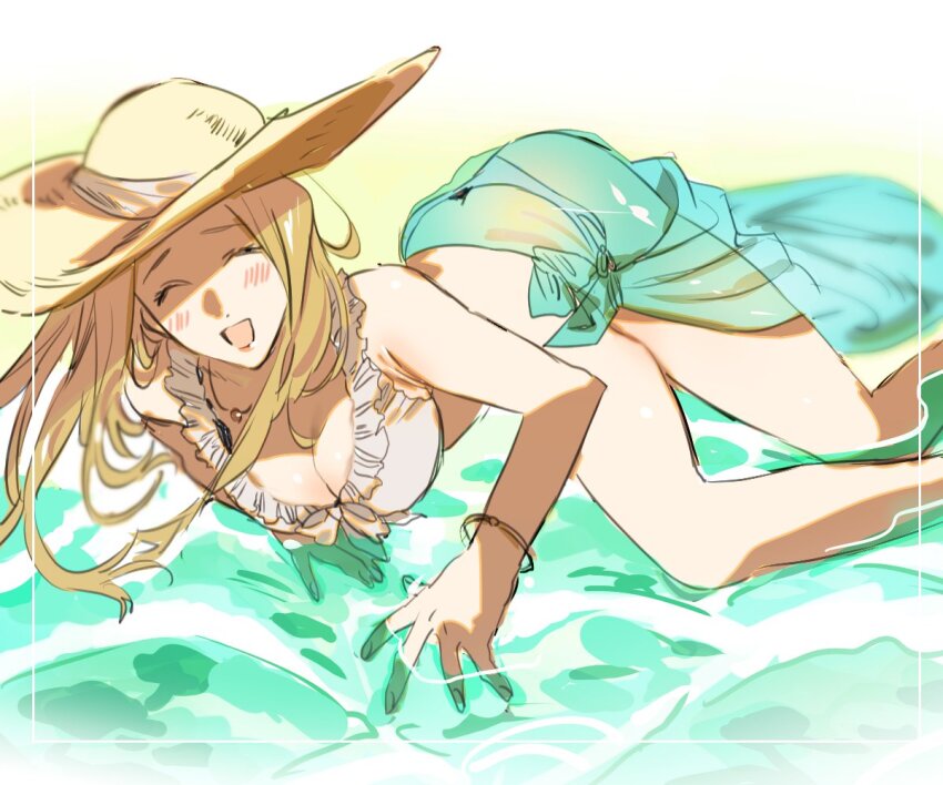 1girl bikini blonde_hair blush bracelet breasts cleavage closed_eyes clothes_around_waist frilled_bikini frills front-tie_bikini_top front-tie_top green_sarong hat jewelry large_breasts long_hair mikuroron mint_adenade ocean open_mouth sarong smile solo straw_hat swimsuit tales_of_(series) tales_of_asteria tales_of_phantasia water white_bikini